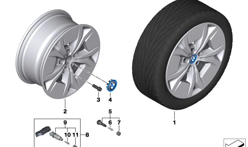 Llanta de aleación color Lightning Grey OEM 36116898036 para BMW U11, U10, U25. Original BMW.
