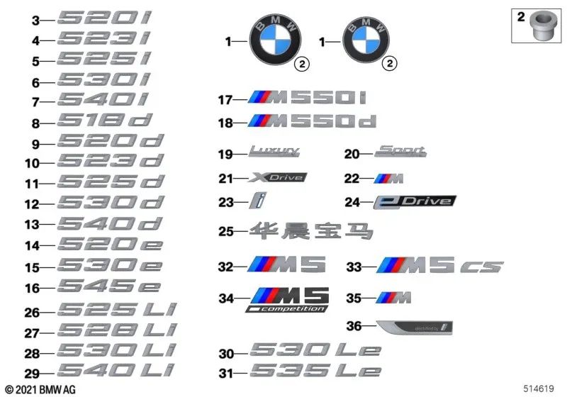 Schriftzug para BMW 5 G30 Series, G31N (OEM 51147418515). BMW original