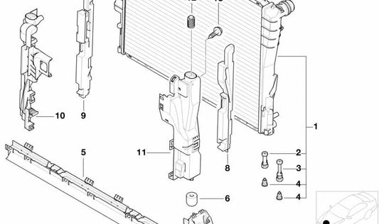 Radiador do motor OEM 17117551635 para BMW Z4 E85 e E86 (2.5i, 2.5SI, 3.0SI) com motor N52. Compatível com versões manuais e automáticas. BMW original.