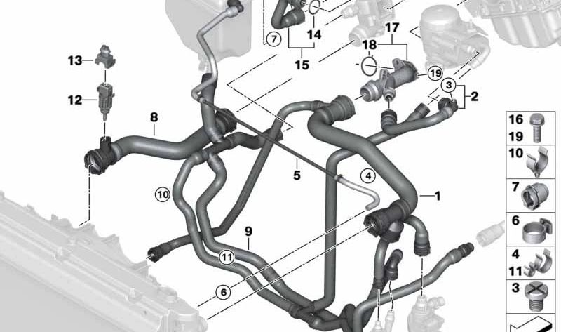 Manguera de refrigerante OEM 11537572159 para BMW E81, E82, E87, E87N, E88, E90, E90N, E91, E91N, E92, E92N, E93, E93N, E60N, E84, E85. Original BMW.