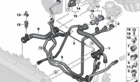 Manguera de refrigerante OEM 11537572159 para BMW E81, E82, E87, E87N, E88, E90, E90N, E91, E91N, E92, E92N, E93, E93N, E60N, E84, E85. Original BMW.