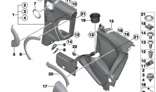 Portavasos trasero 3 plazas OEM 51432756142 para MINI R55 (Cooper, Cooper D) {modelos ML31, ML32, ML41, ML42, ZF31, ZF32, ZF41, ZF42, DMN51, DMN52}. Original MINI.