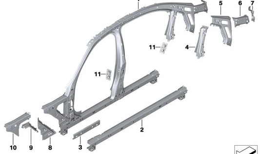 Refuerzo soporte paso de rueda delantero izquierdo OEM 41007488093 para BMW G20, G21, G22, G23, G26, G28, G42, G80, G81, G82, G83, G87, i3. Original BMW.