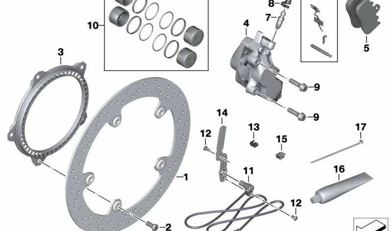 Pinza de freno derecha sin forro OEM 34117699590 para BMW Motorrad HP2 Megamoto (K25). Original BMW Motorrad.