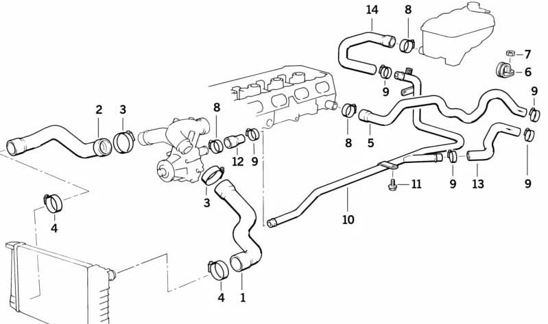 Manguera de refrigerante (Vorlauf) OEM 11531401729 para BMW E36 (Todos los modelos compatibles). Original BMW.