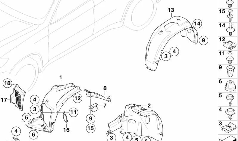 Cubierta interior del paso de rueda delantero derecho OEM 51717180622 para BMW X6 E71, E72. Original BMW.
