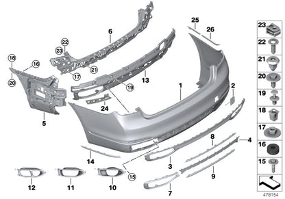 Adaptador OEM 51127357142 para BMW Serie 7 G11, G12 (730d, 730i, 740d xDrive, 725d). Compatible con modelos desde 2015 hasta 2019. Pieza original BMW para revestimiento trasero.
