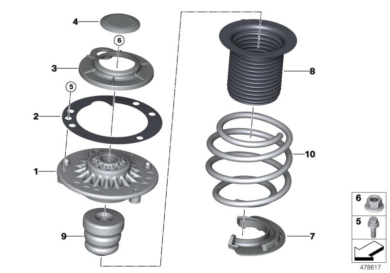 Cojinete soporte delantero OEM 31306892618 para BMW {F40, F44, F45, F46, F48, F49, F39} y MINI {F54, F54N, F60, F60N}. Original BMW y MINI.