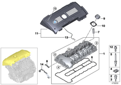 Tubo de ventilación del motor OEM 11127578975 para BMW F01, F02 (740i, 740Li) y E71 (X6 xDrive35i) con motor N54. Original BMW.
