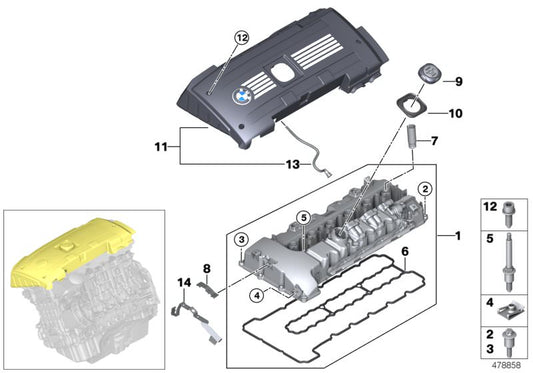 Tubo de ventilación del motor OEM 11127578975 para BMW F01, F02 (740i, 740Li) y E71 (X6 xDrive35i) con motor N54. Original BMW.