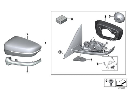 Retrovisor derecho calefactable con memoria OEM 51167485264 para BMW G30 y G31 (5 Series). Compatible con versiones 518d, 520d. Original BMW.