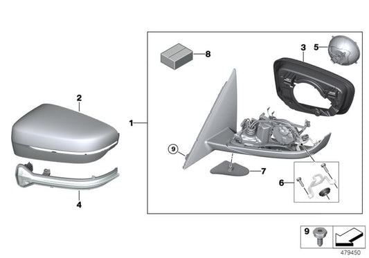 Retrovisor derecho calefactable con memoria OEM 51167485264 para BMW G30 y G31 (5 Series). Compatible con versiones 518d, 520d. Original BMW.
