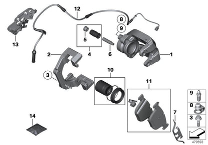 Soporte de pinza de freno trasero OEM 34216753681 para BMW E60, E61, E63, E64, E65, E66, F01, F02. Original BMW.