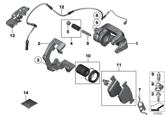 Soporte de pinza de freno trasero OEM 34216753681 para BMW E60, E61, E63, E64, E65, E66, F01, F02. Original BMW.