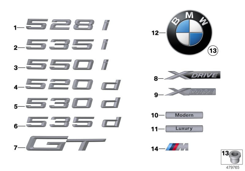 Emblema delantero con base OEM 51147336450 para BMW F07 (520d, 528i, 530d, 535d) modelos del 2013 al 2017. Original BMW.