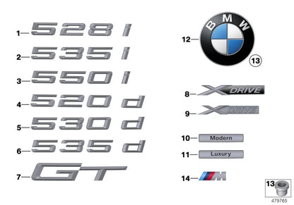 Emblema delantero con base OEM 51147336450 para BMW F07 (520d, 528i, 530d, 535d) modelos del 2013 al 2017. Original BMW.