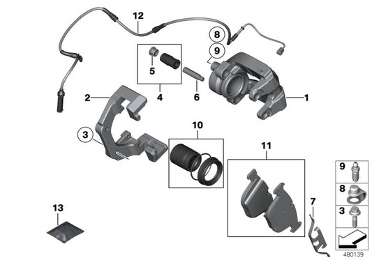 Soporte de pinza de freno trasero OEM 34216753681 para BMW E60, E61, E63, E64, E65, E66, F01, F02. Original BMW.