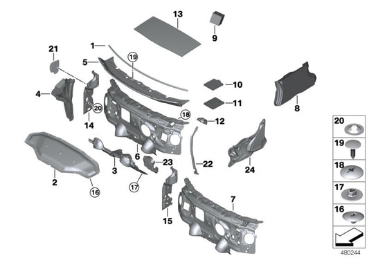 Aislante acústico capó delantero OEM 51487298866 para BMW F45 y F46. Mejora el aislamiento del motor y reduce el ruido. Compatible con versiones 214d, 216d. Original BMW.