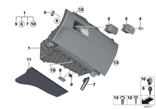 Black glove box for BMW 1 Series F20, F20N, F21, F21N, 2 Series F22, F23, F87 (OEM 51169232971). Original BMW
