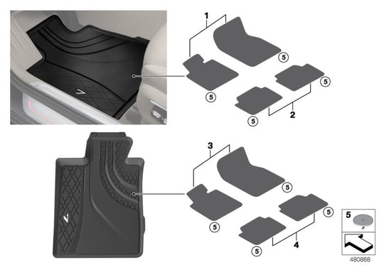 Alfombrillas de goma delanteras RHD OEM 51472444035 para BMW Serie 7 G11 y G12. Compatibles con modelos 725d, 730d, 730i, 740d xDrive, entre otros. Original BMW.