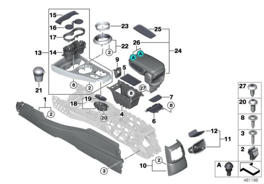 Estera bandeja portaobjetos consola central OEM 51169333425 para MINI Countryman F60, F60 LCI. Original MINI.