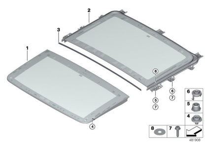 Tapa de vidrio delantero OEM 54108493964 para techo panorámico BMW Serie 5 G31 (2017-2020). Original BMW.