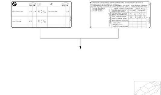 OEM tire pressure tag 71212122647 for BMW Z3 M E36 (Models CK91, CK92, CL91, CL92, CM91, CM92, CN91, CN92). Original BMW.