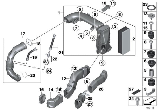 Tubo de admisión de aire OEM 13718508171 para BMW F07, F07N, F10, F10N, F11, F11N, F06, F06N, F12, F12N, F13, F13N, F01N. Original BMW.