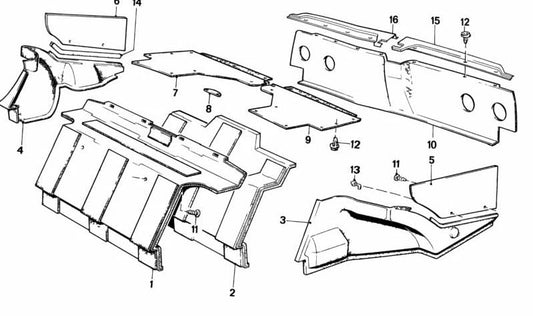Revestimiento interior paso de rueda trasero derecho OEM 51471900264 para BMW E24 628CSi y 633CSi. Original BMW.