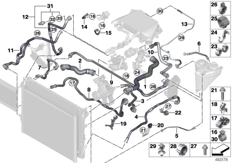 Manguera del vaso de expansión OEM 17128575774 para BMW G30, G31, G11, G12 (incluye versiones ALPINA D5s, M550d xDrive, 750d xDrive, 750Ld xDrive). Original BMW.