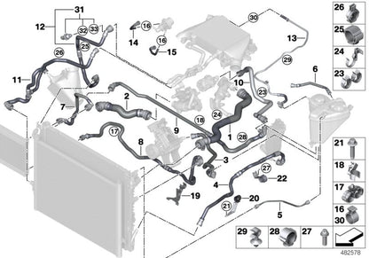 Manguera del vaso de expansión OEM 17128575774 para BMW G30, G31, G11, G12 (incluye versiones ALPINA D5s, M550d xDrive, 750d xDrive, 750Ld xDrive). Original BMW.