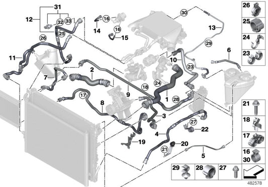 Manguera del vaso de expansión OEM 17128575774 para BMW G30, G31, G11, G12 (incluye versiones ALPINA D5s, M550d xDrive, 750d xDrive, 750Ld xDrive). Original BMW.