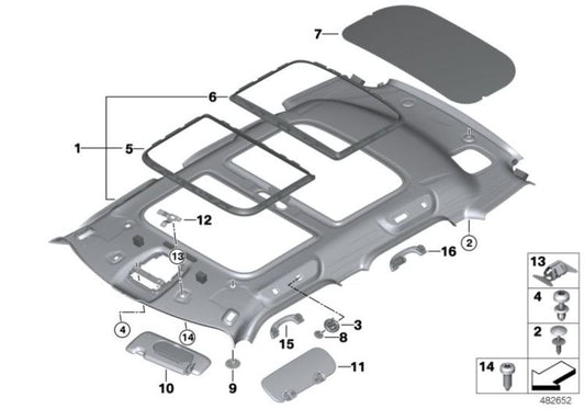 Parasol iluminado derecho Satellite Grey OEM 51167424696 para MINI Countryman F60 (11/2015 - 07/2020), F60 LCI (05/2019 - 02/2024). Original MINI.