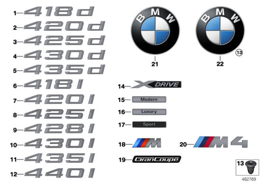 Emblema trasero "430d" OEM 51147356332 para BMW F32, F33, F36. Original BMW.