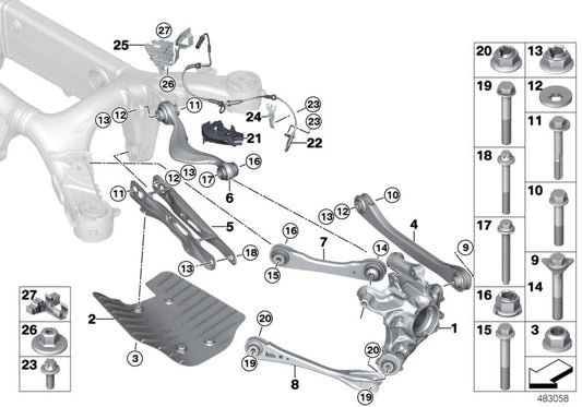 Soporte sensor de revoluciones de rueda izquierda OEM 34526883125 para BMW X5 G05, X5 M F95, X6 G06, X7 G07, XM G09... y más. Original BMW.