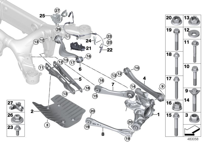 Soporte sensor de revoluciones de rueda izquierda OEM 34526883125 para BMW X5 G05, X5 M F95, X6 G06, X7 G07, XM G09... y más. Original BMW.