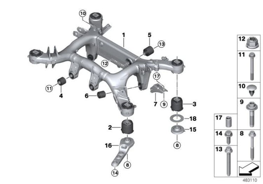Soporte derecho trasero OEM 33316878218 para BMW F90 M5, G30, G31, G32, G11, G12, F91 M8, G15, F92 M8, G16, F93 M8... y más. Original BMW.