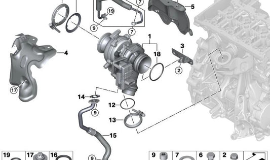 Protector térmico del turbo OEM 11658579397 para MINI F39, F54, F55, F56, F57, F60 y BMW F40, F44, F45, F46, F48. Original MINI y BMW.