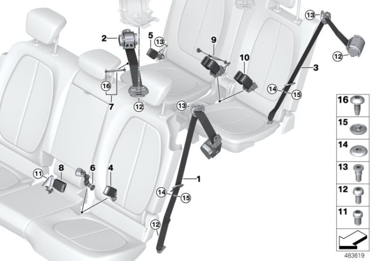 Corrente de segurança traseira central superior para BMW F46. BMW original.