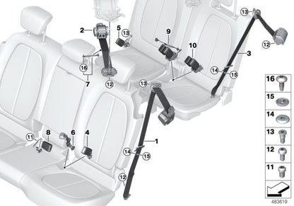 Corrente de segurança traseira central superior para BMW F46. BMW original.