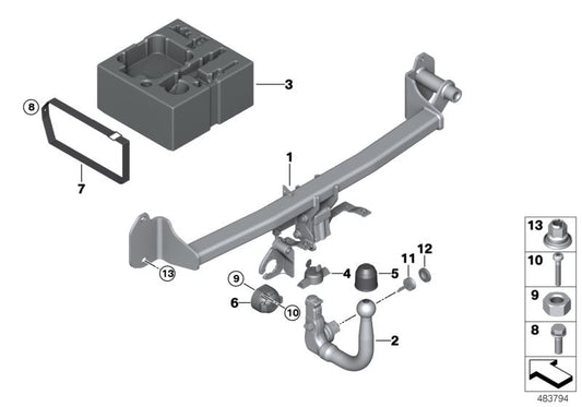 Cabeza bola para portabicicletas trasero OEM 71606870724 para BMW F45, F45N, F46, F46N, F48, F48N, F39 y MINI F60, F60N. Pieza original BMW y MINI.