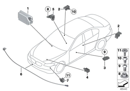 Pedestrian protection sensor LWL OEM 6576931877 for BMW F10 and F11. Compatible with 518D models, 520D with N47T or B47O engine, manual or automatic change. Original BMW.
