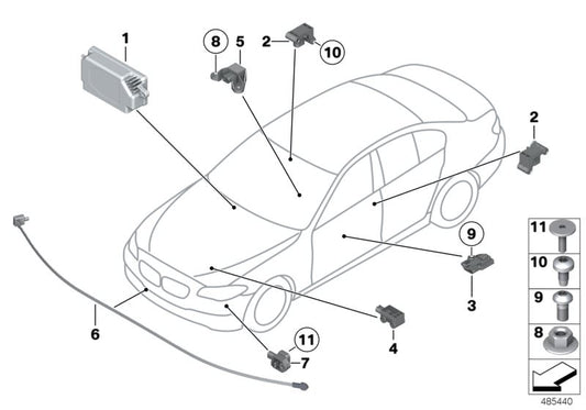 Pedestrian protection sensor LWL OEM 6576931877 for BMW F10 and F11. Compatible with 518D models, 520D with N47T or B47O engine, manual or automatic change. Original BMW.