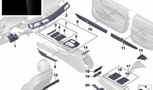 Embellecedor puerta delantera derecha en negro piano OEM 51417990590 para BMW G11 y G12 (730i, 730d, 725d, 740d xDrive...) Todos los modelos compatibles. Original BMW.