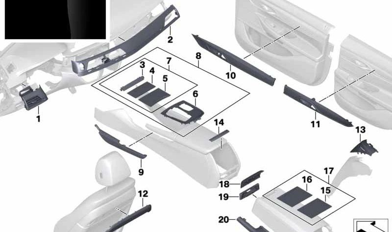 Right piano glow output cover OEM 51467989128 for BMW G11, G12. Original BMW.