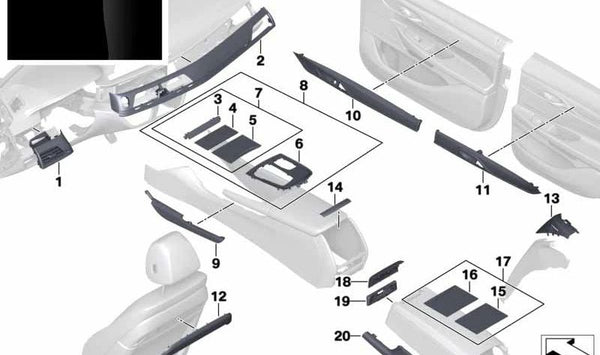 Moldura interior puerta trasera izquierda en negro piano OEM 51427990591 para BMW Serie 7 (G11, G12). Original BMW