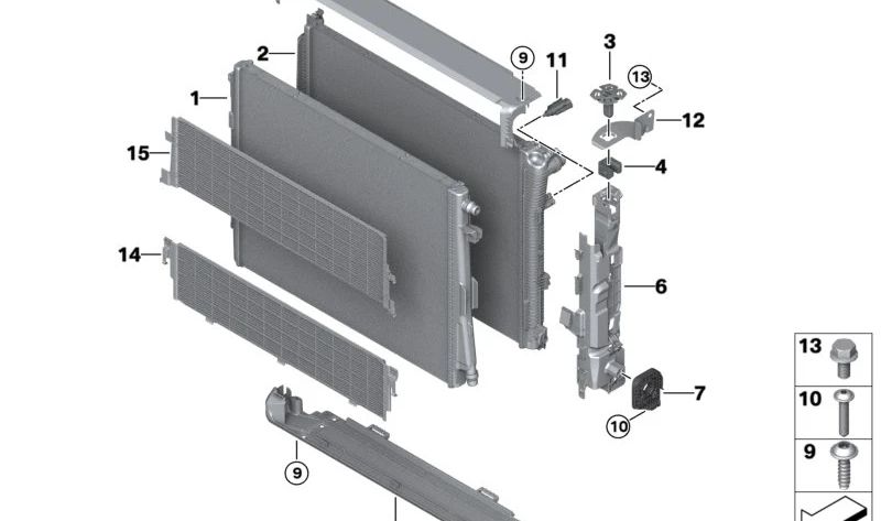 Upper right radiator support for BMW I20 (OEM 17128475151). Original BMW