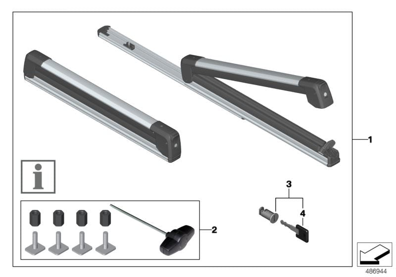 Rack lateral extensível para esqui e snowboard com trava antirroubo OEM 82722326528 para MINI R50, R53, R56, F55, F56, Clubman R55/F54, Countryman R60/F60/U25, Paceman R61... e muito mais. MINI originais.