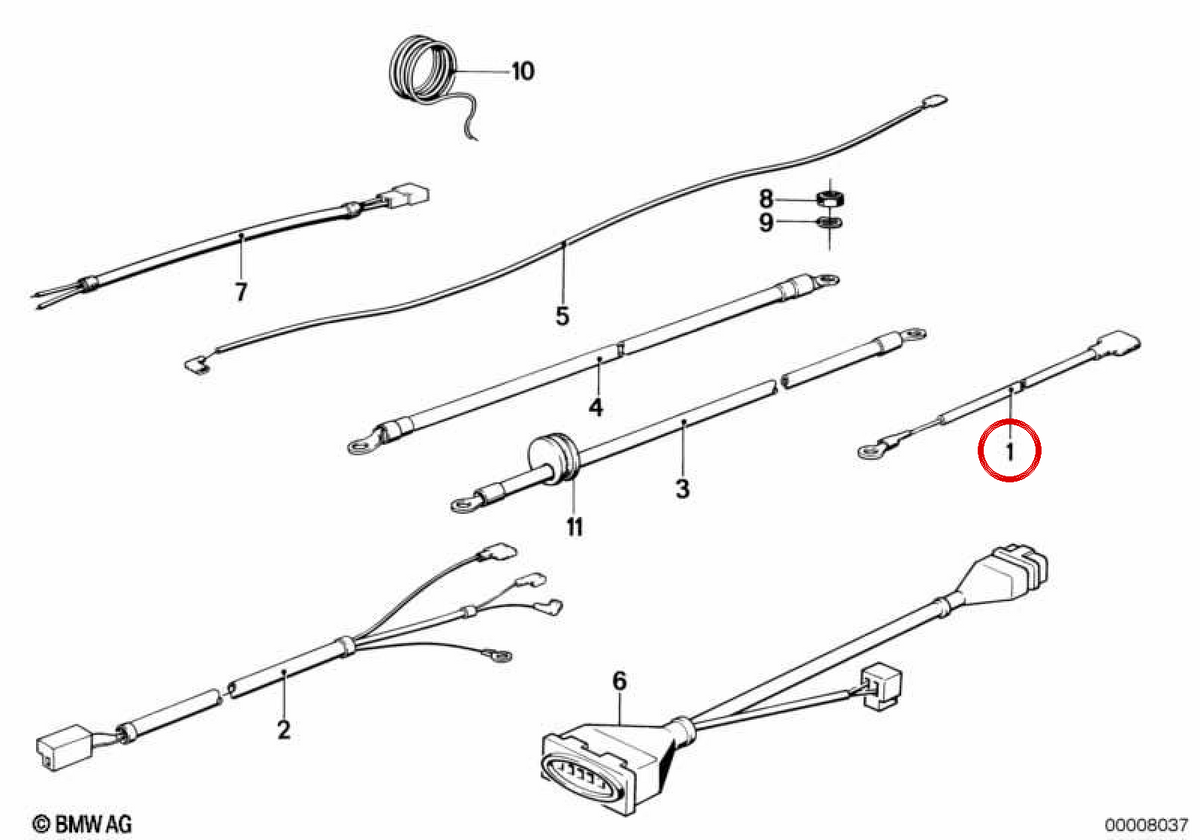 Câble de charge de batterie OEM 61121243224 pour BMW E12, E21, E23, E24, E26, E28, E30, E31, E32, E34, E36, E38, E39, E46, E52, E53, E60, E61, E63, E64, E65, E66, E66, E67, E63. BMW d'origine.