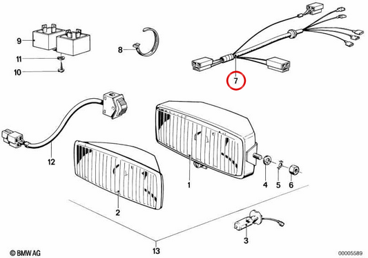 Cablaggio della luce aggiuntiva OEM 61121243719 per BMW R45, R65, R80, R100. BMW MOTORAD originale.